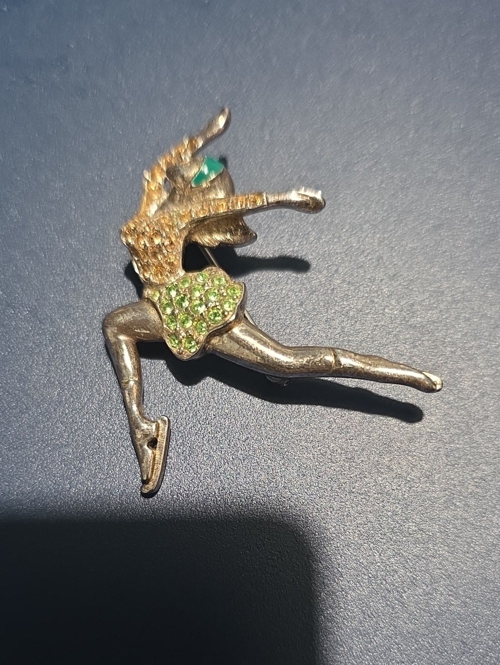 Gold-Tone Fiqure Skater  Brooch with Green Crystal Accents
